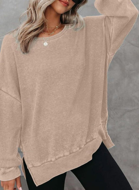 Women's round neck long sleeve side slit waffle knit top