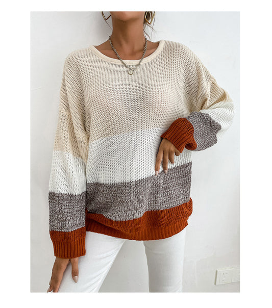 Bottoming Pullover Crew Neck Contrast Knit Sweater