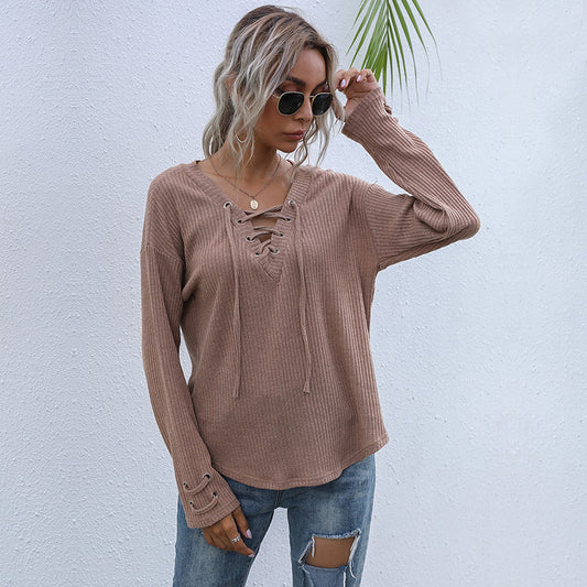 Women's grey V-neck solid color pullover loose knitted top