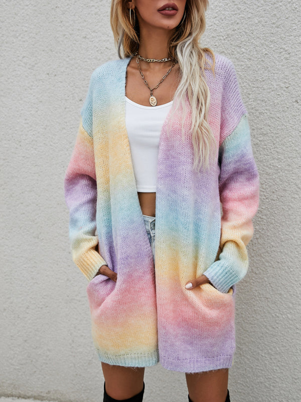 Rainbow Tie-Dye Mid-Length Oversized Cardigan