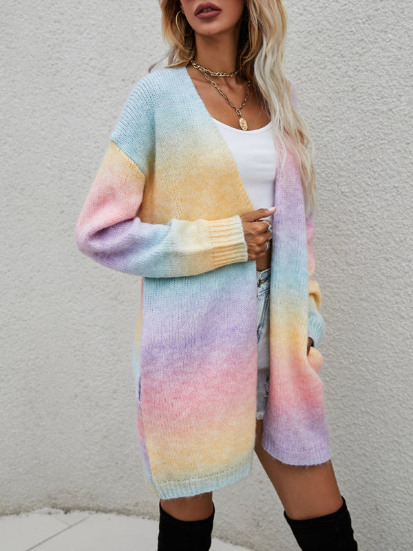 Rainbow Tie-Dye Mid-Length Oversized Cardigan