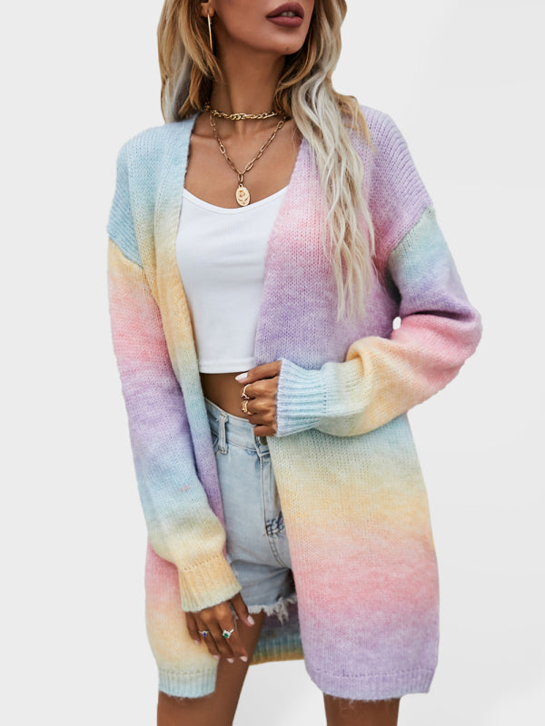 Rainbow Tie-Dye Mid-Length Oversized Cardigan - Purple / S