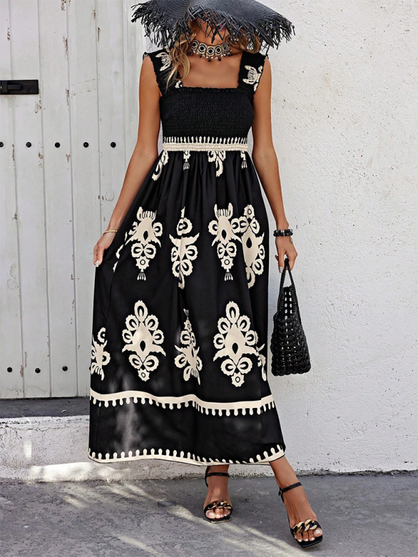 Resort style printed cross front midi dress - Black / S