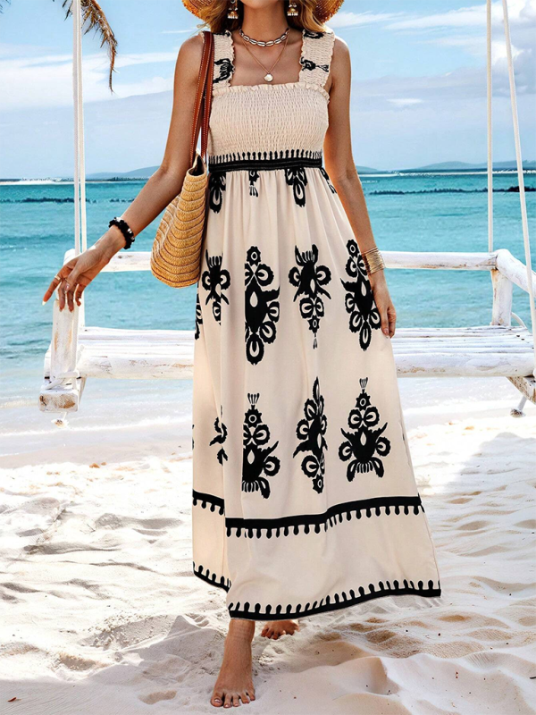 Resort style printed cross front midi dress - Cracker khaki