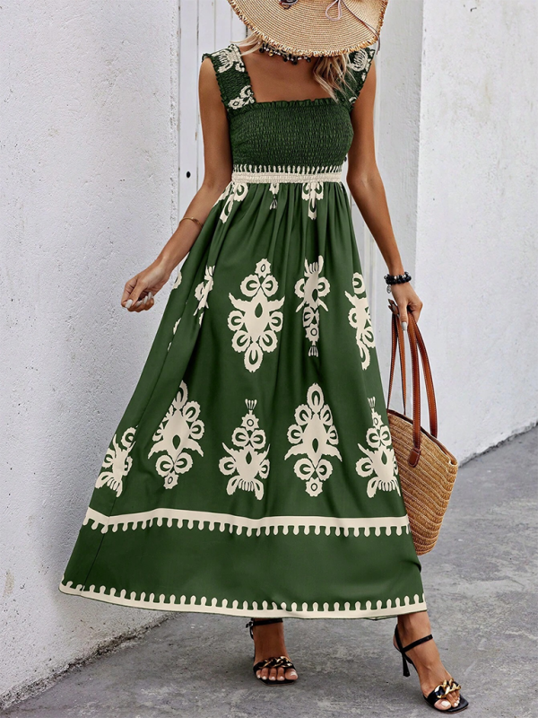 Resort style printed cross front midi dress - Green / S