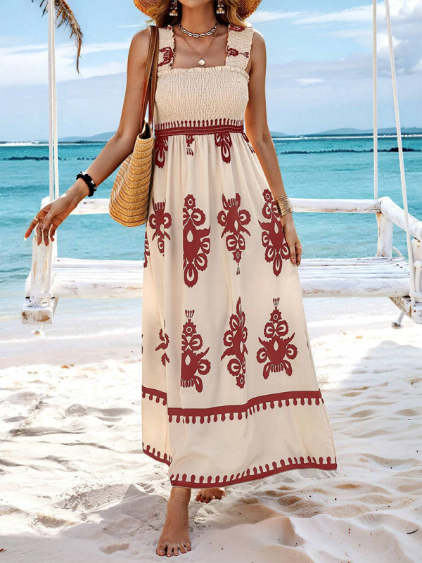 Resort style printed cross front midi dress - Wine Red / S