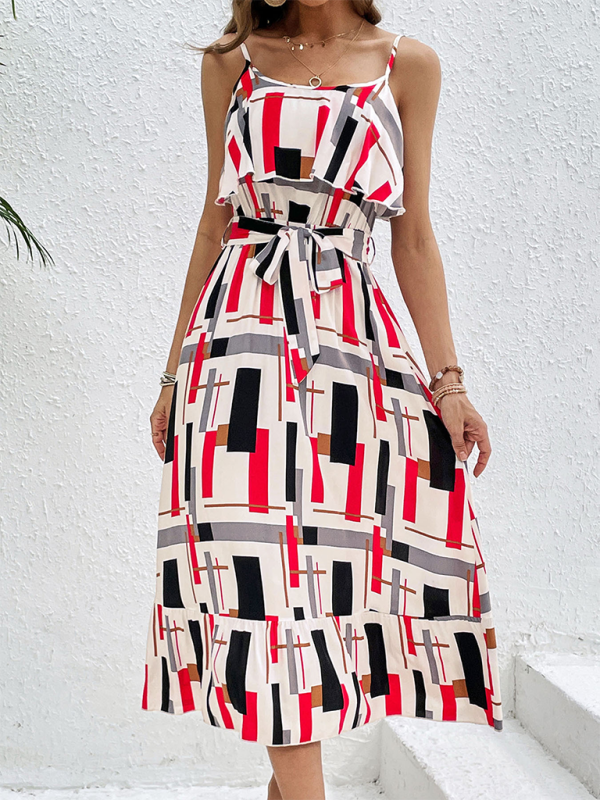 Resort style striped print lace-up dress