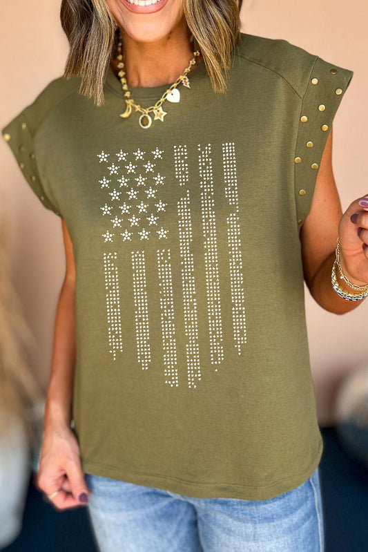 Rhinestone US Flag Round Neck Cap Sleeve T-Shirt - Moss / S