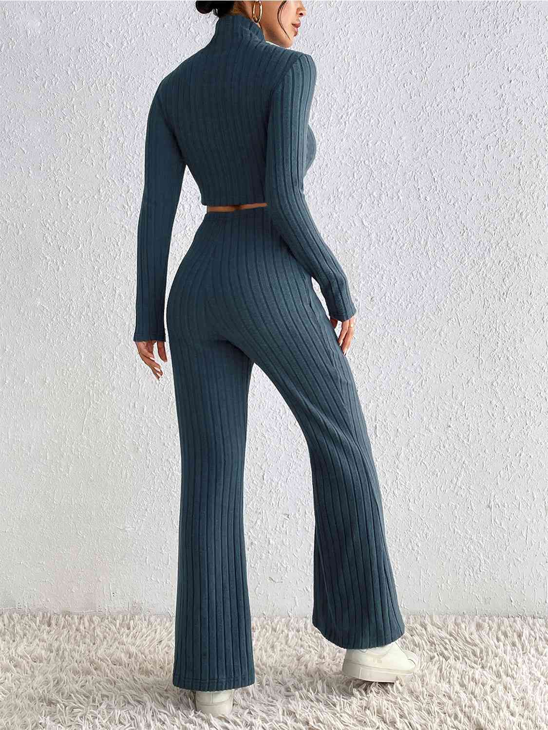 Ribbed Mock Neck Cropped Sweater & High Waist Pants Set Print on any thing USA/STOD clothes