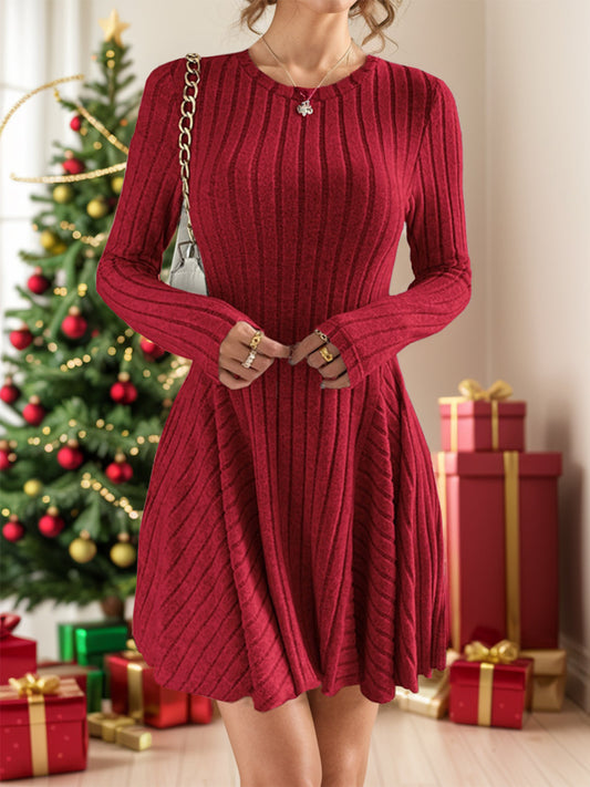 Ribbed Round Neck Long Sleeve Dress - Deep Red / S