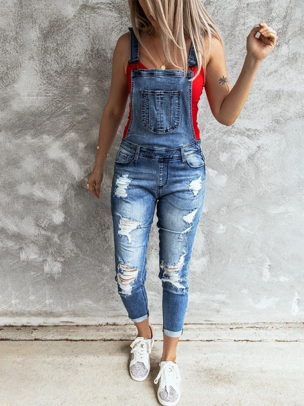 Ripped stretch denim overall