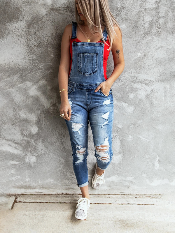 Ripped stretch denim overall - Clear blue / S