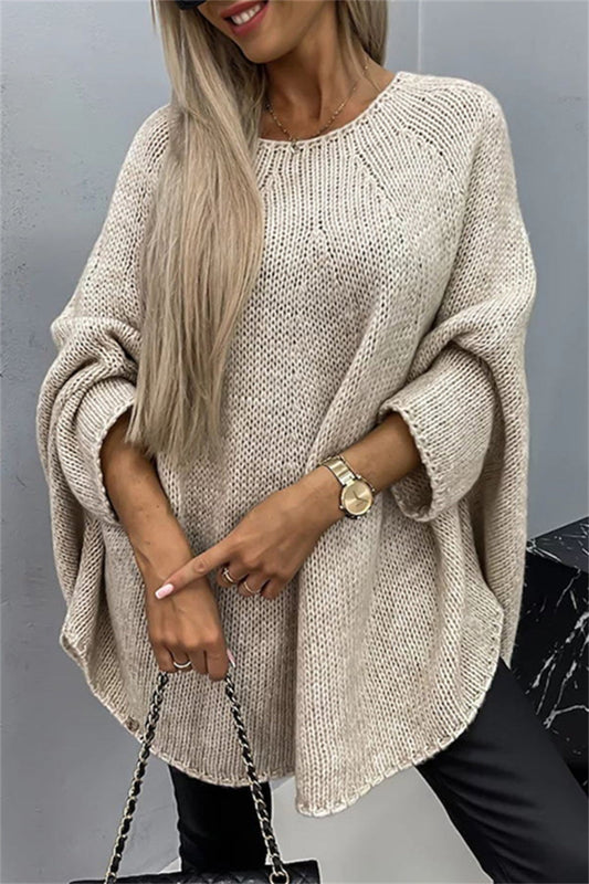 Round Neck Batwing Sleeve Sweater - Khaki / S/M