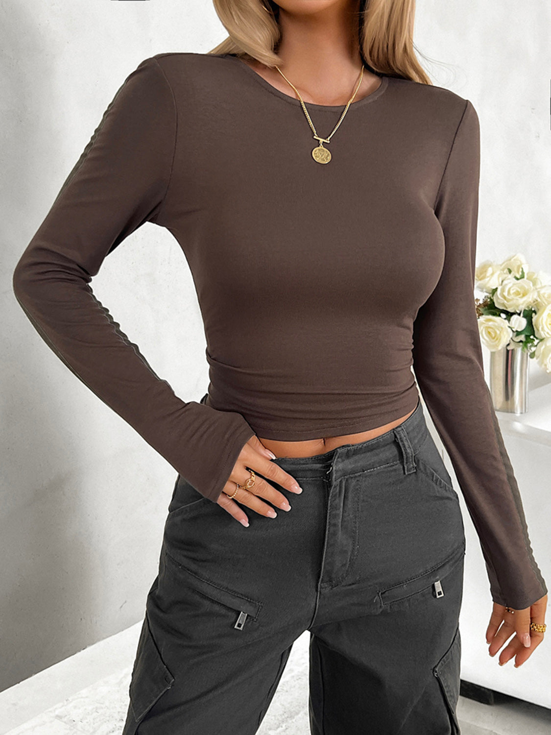 Round Neck Long Sleeve T-Shirt - Brown / S