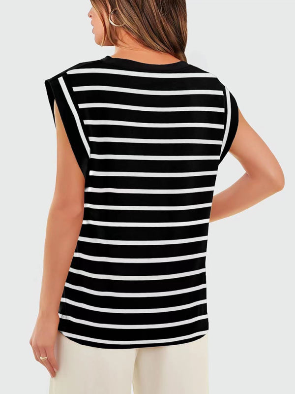 Round neck loose short sleeve T-shirt striped top