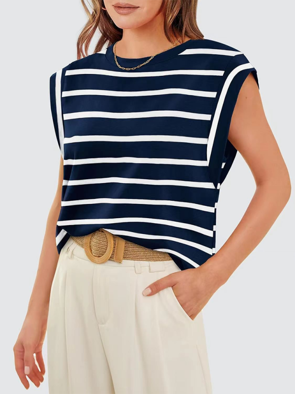 Round neck loose short sleeve T-shirt striped top