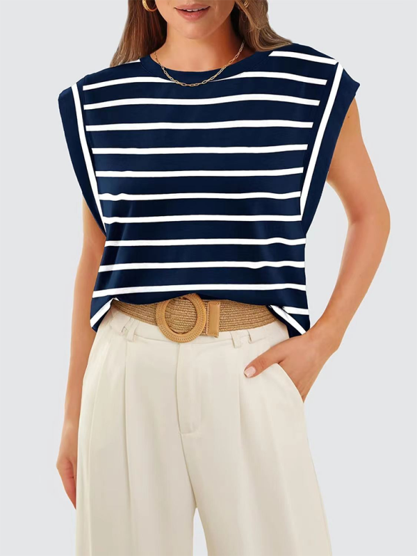 Round neck loose short sleeve T-shirt striped top