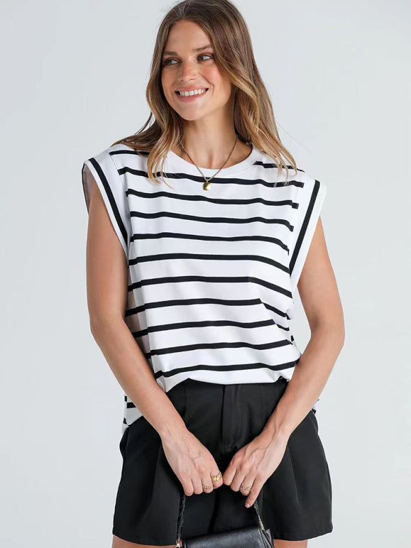 Round neck loose short sleeve T-shirt striped top