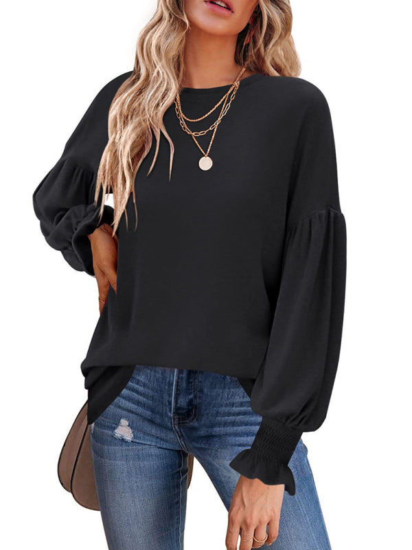 Round Neck Pleated Balloon Sleeve Ladies Long Sleeve Top