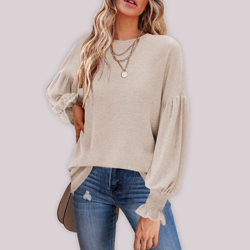 Round Neck Pleated Balloon Sleeve Ladies Long Sleeve Top