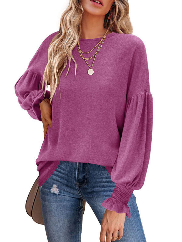 Round Neck Pleated Balloon Sleeve Ladies Long Sleeve Top