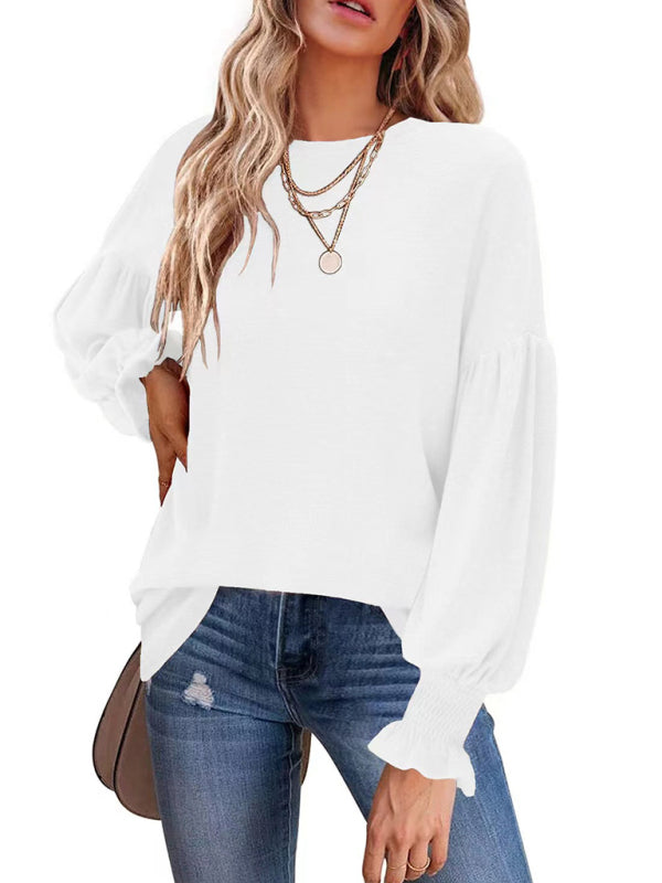 Round Neck Pleated Balloon Sleeve Ladies Long Sleeve Top