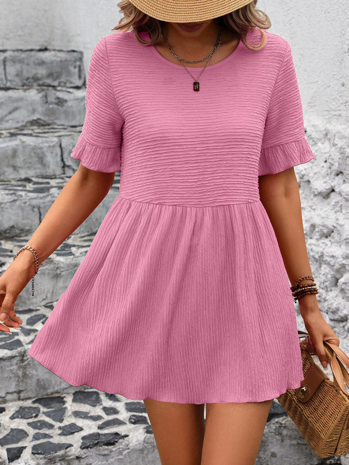 Round Neck Short Sleeve Blouse - Blush Pink / S