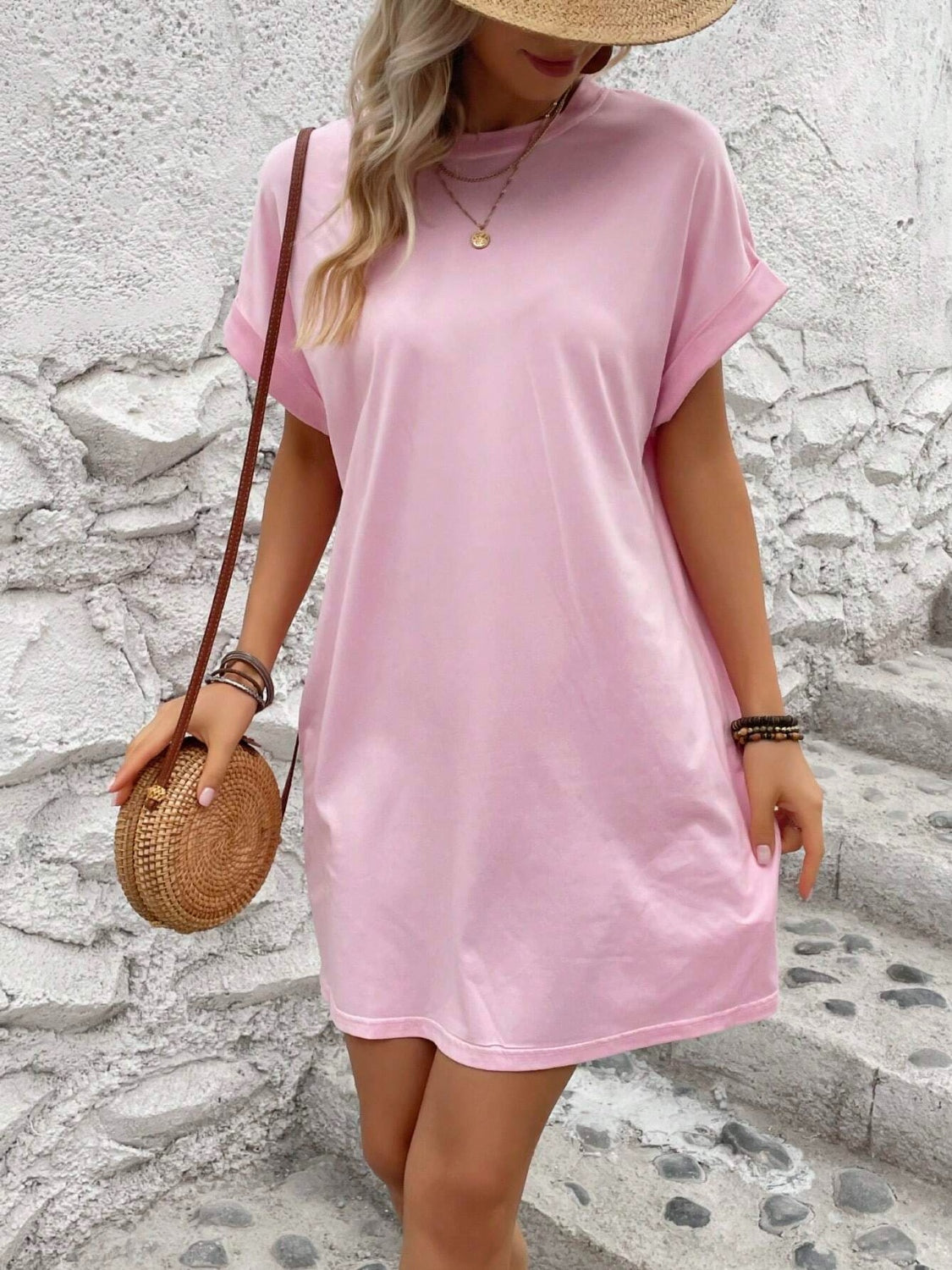 Round Neck Short Sleeve Mini Dress - Blush Pink / S