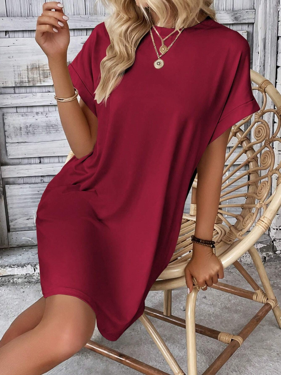 Round Neck Short Sleeve Mini Dress - Burgundy / S