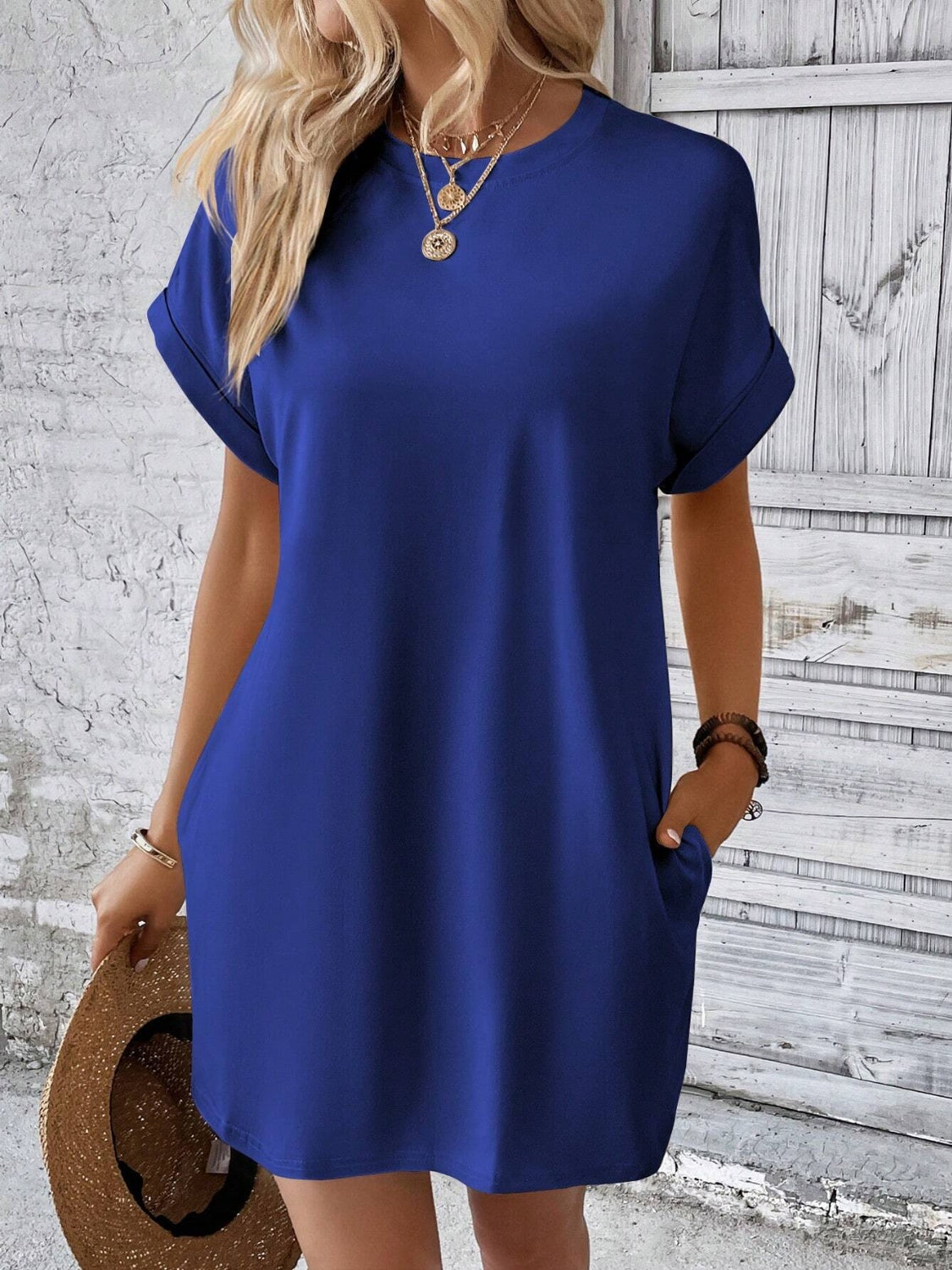 Round Neck Short Sleeve Mini Dress - Dark Blue / S