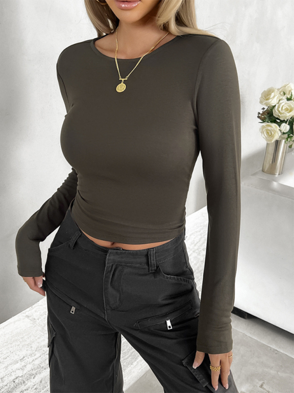 Round neck solid color slim long sleeve top