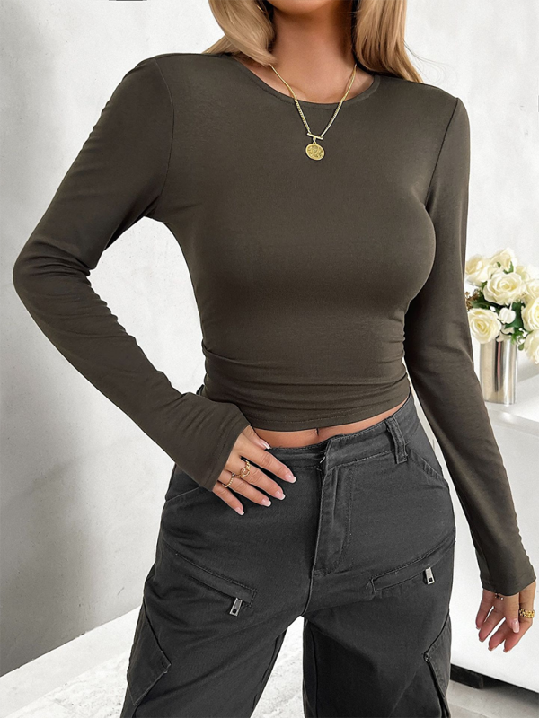 Round neck solid color slim long sleeve top - Olive green