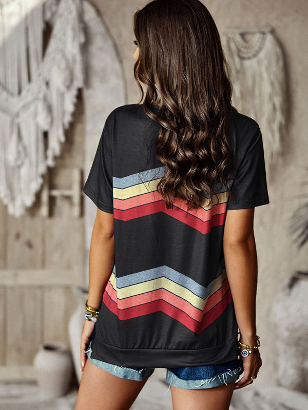 Round neck T-shirt rainbow strip top