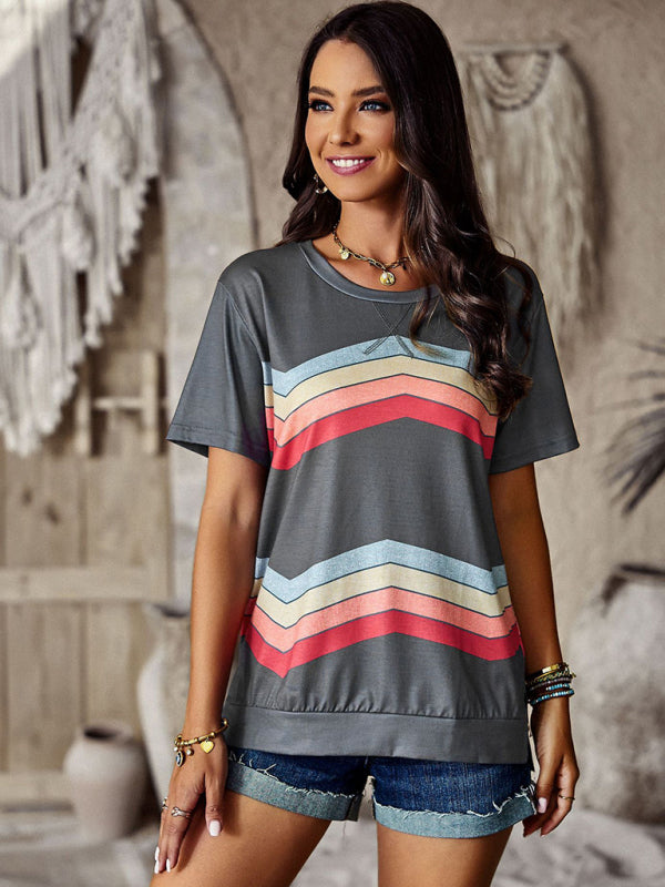 Round neck T-shirt rainbow strip top