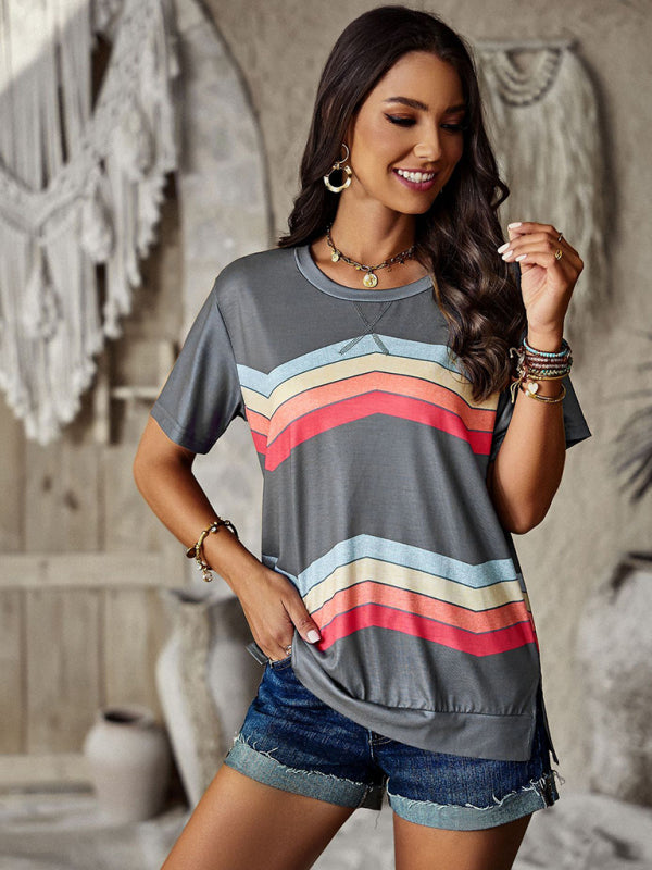 Round neck T-shirt rainbow strip top