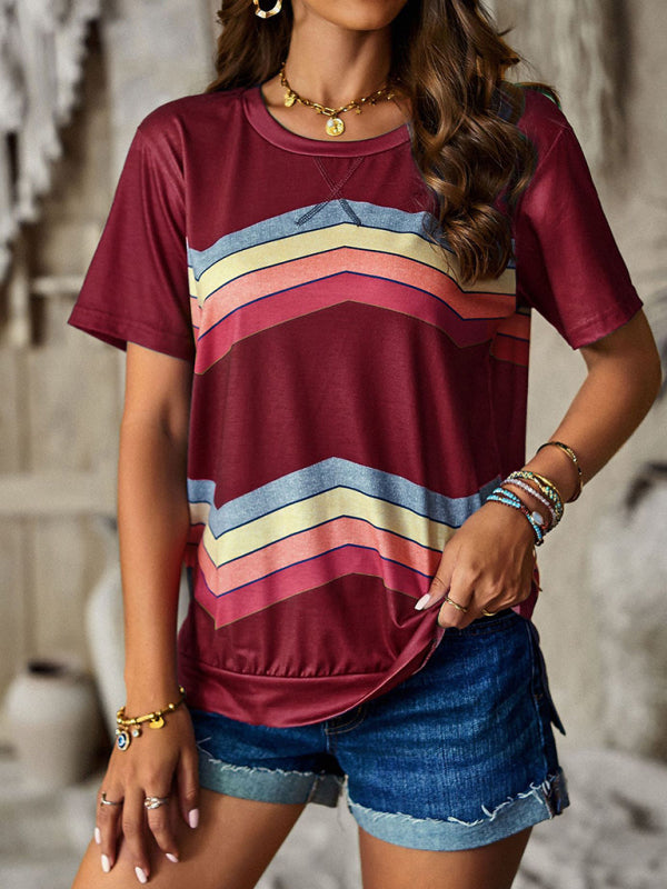 Round neck T-shirt rainbow strip top