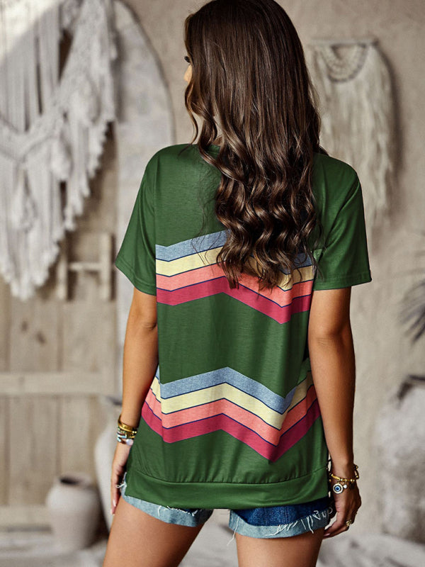 Round neck T-shirt rainbow strip top