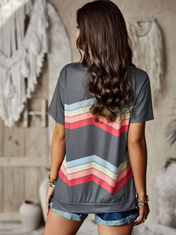 Round neck T-shirt rainbow strip top