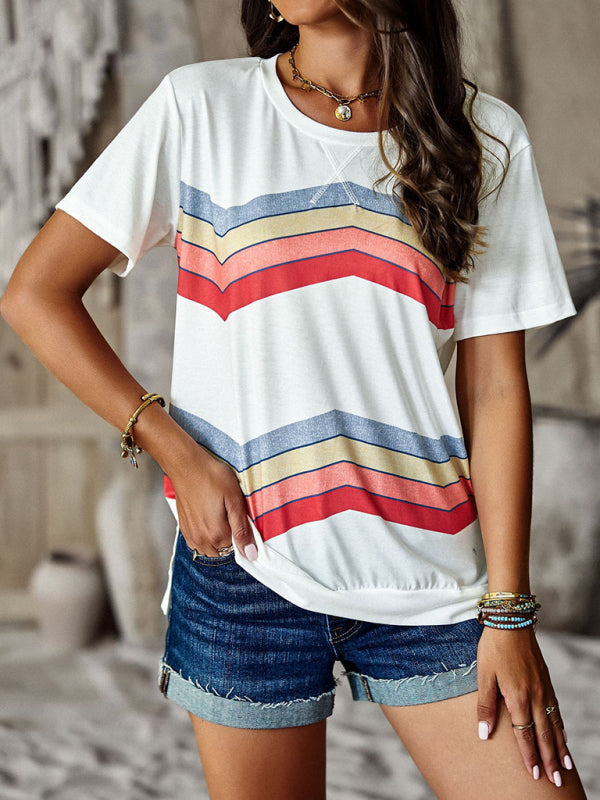 Round neck T-shirt rainbow strip top