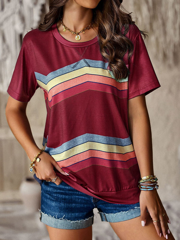 Round neck T-shirt rainbow strip top