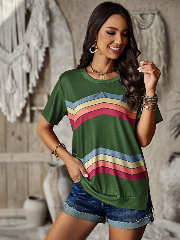 Round neck T-shirt rainbow strip top