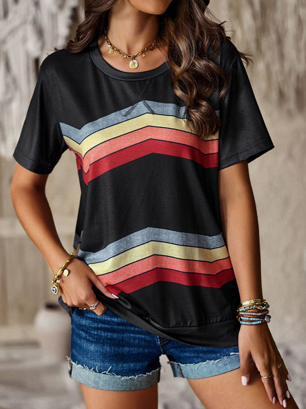 Round neck T-shirt rainbow strip top - Black / S