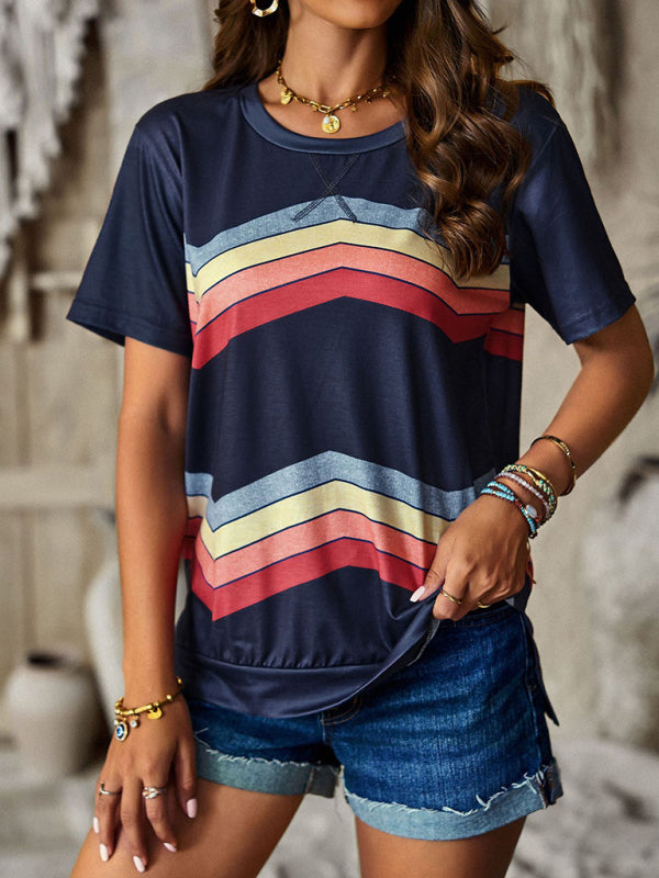 Round neck T-shirt rainbow strip top - Champlain color / S