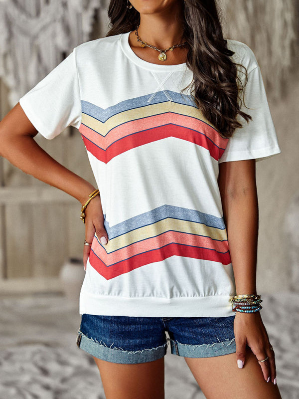 Round neck T-shirt rainbow strip top - White / S