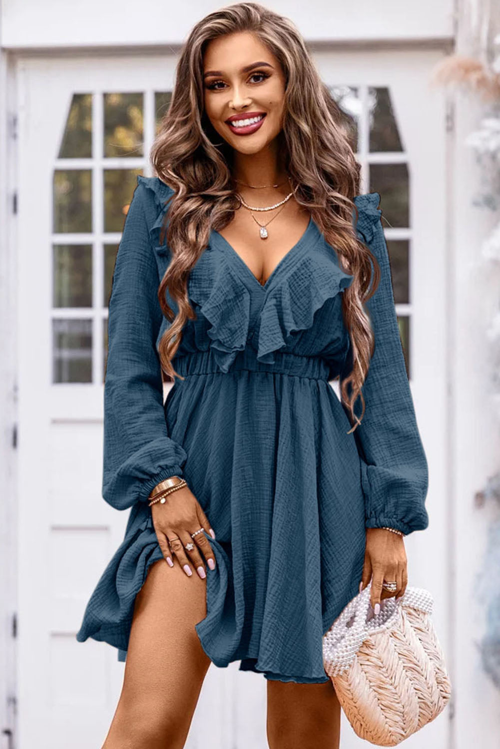 Ruffle Trim V-Neck Long Sleeve Mini Dress Print on any thing USA/STOD clothes