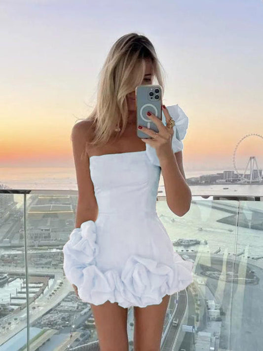 Ruffled Bud Waist Slim Tube Top Package Dress - White / S