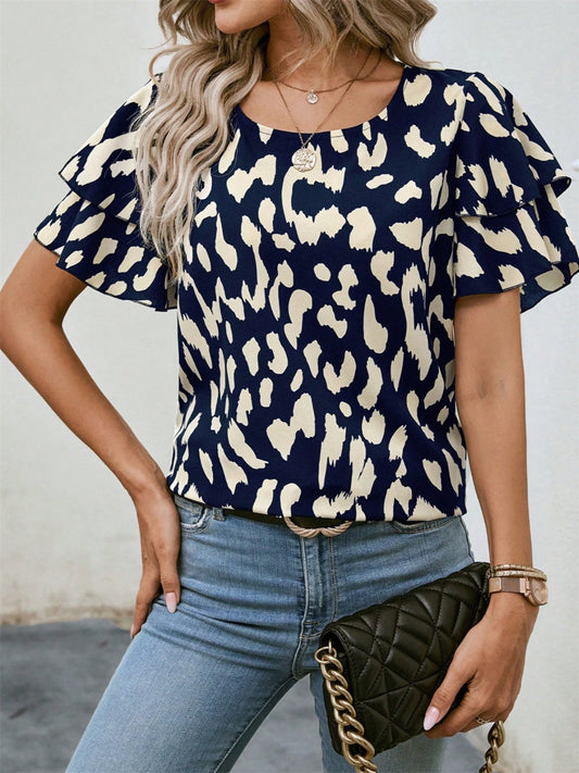 Ruffled Printed Round Neck Short Sleeve Blouse - Navy / S