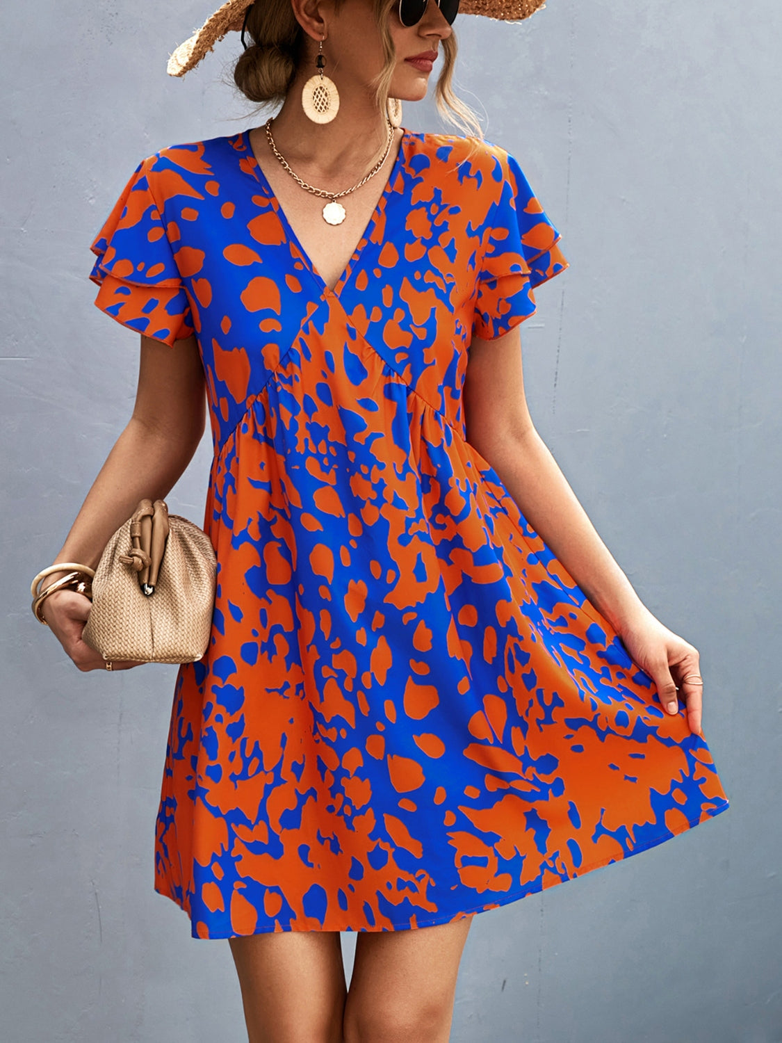 Ruffled Printed V-Neck Short Sleeve Mini Dress - Orange-Red