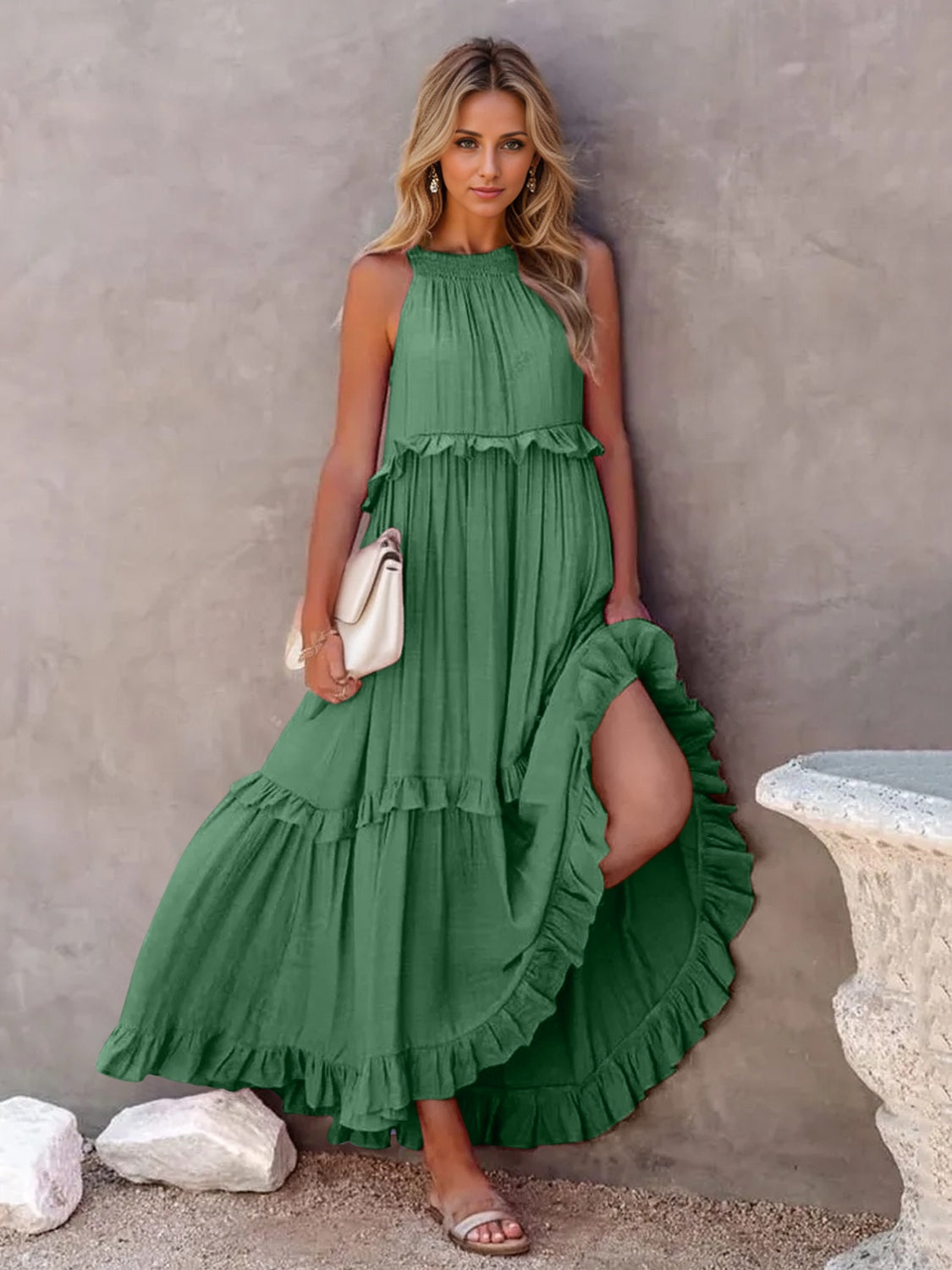 Ruffled Sleeveless Tiered Maxi Dress with Pockets - Dark