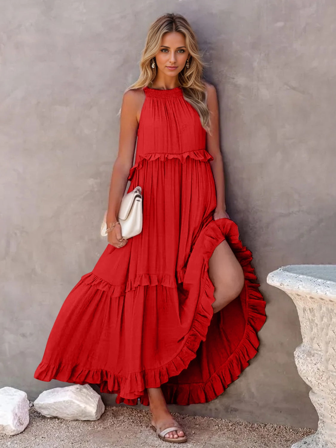 Ruffled Sleeveless Tiered Maxi Dress with Pockets - Red / S